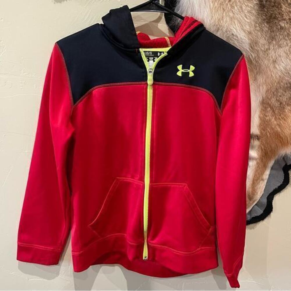 Under Armour Youth Large Full Zip Hooded Jacked Red Neon Yellow School Outdoors‎
